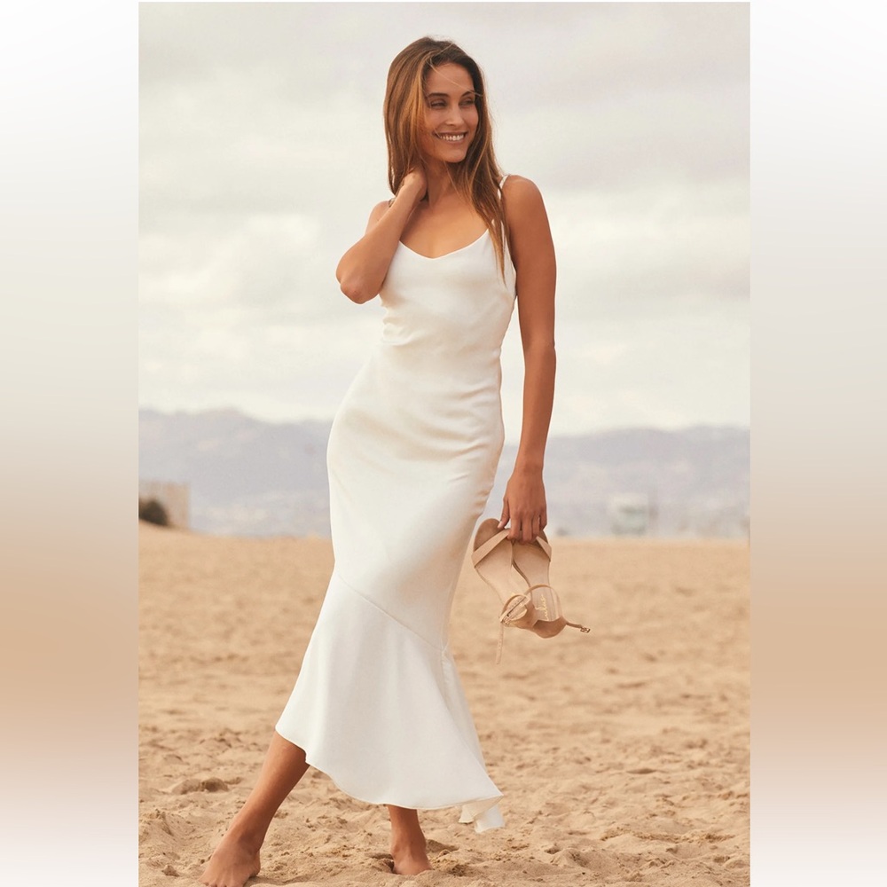 Lulu’s Strictly Romance White Satin Asymmetrical Tiered Midi Dress